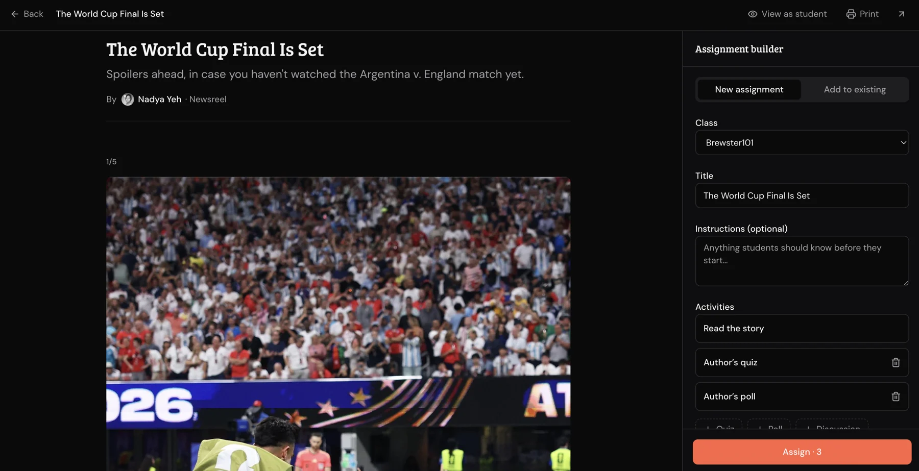 Newsreel Classroom: a story by Nadya Yeh, with the assignment builder open beside it