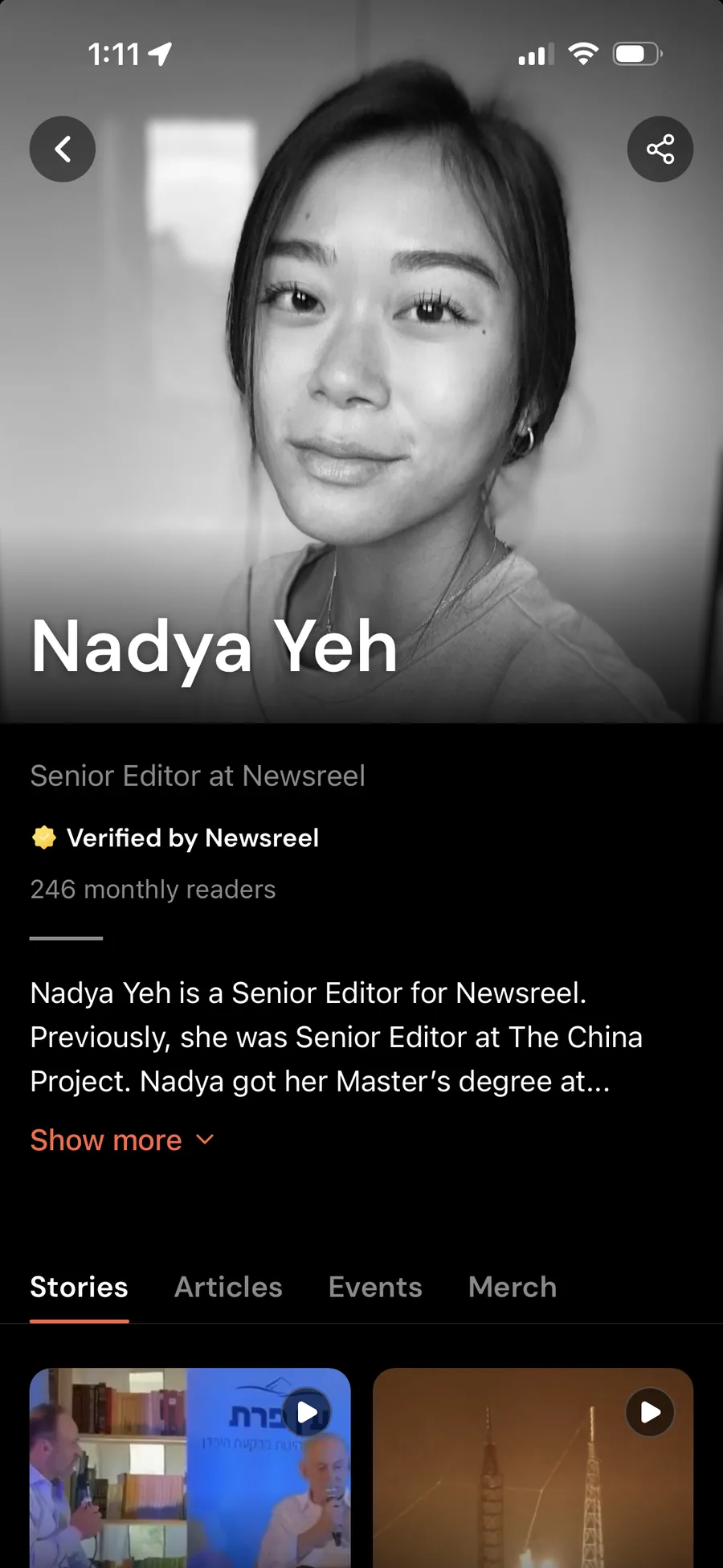A verified contributor profile in the Newsreel app