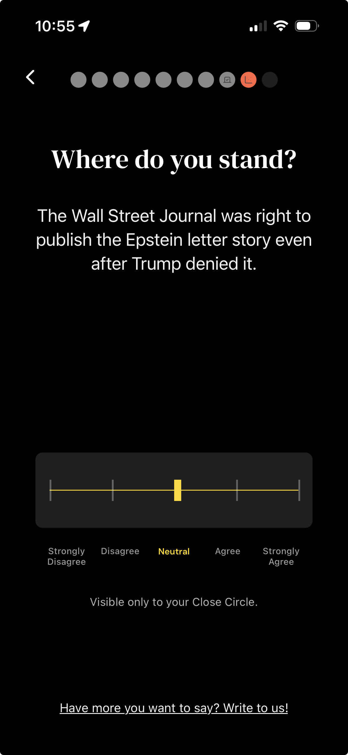 A Newsreel poll asking 'Where do you stand?' with a spectrum slider.