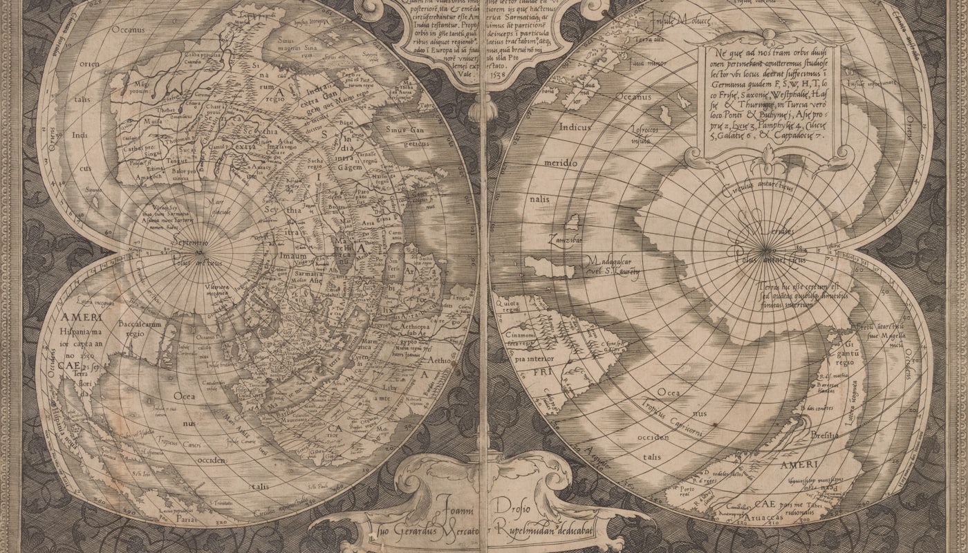 An antique world map showing the continents in intricate detail