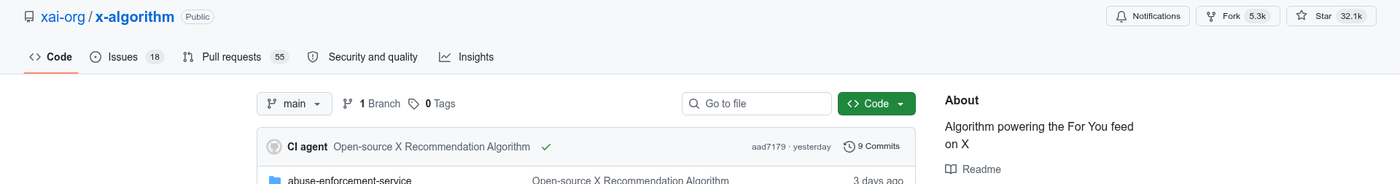 The open-sourced X recommendation algorithm on GitHub, labeled Algorithm powering the For You feed on X