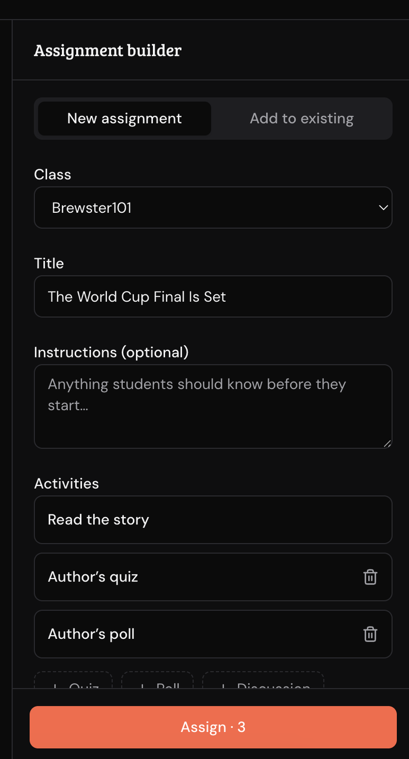 The Newsreel Classroom assignment builder: a real story by a Newsreel journalist on the left, and the builder panel on the right with class, title, instructions, and activities including the story, quiz, and poll