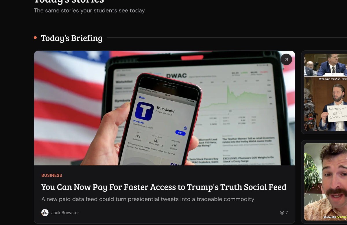 The Newsreel Classroom teacher homepage showing today's stories, the same ones students see