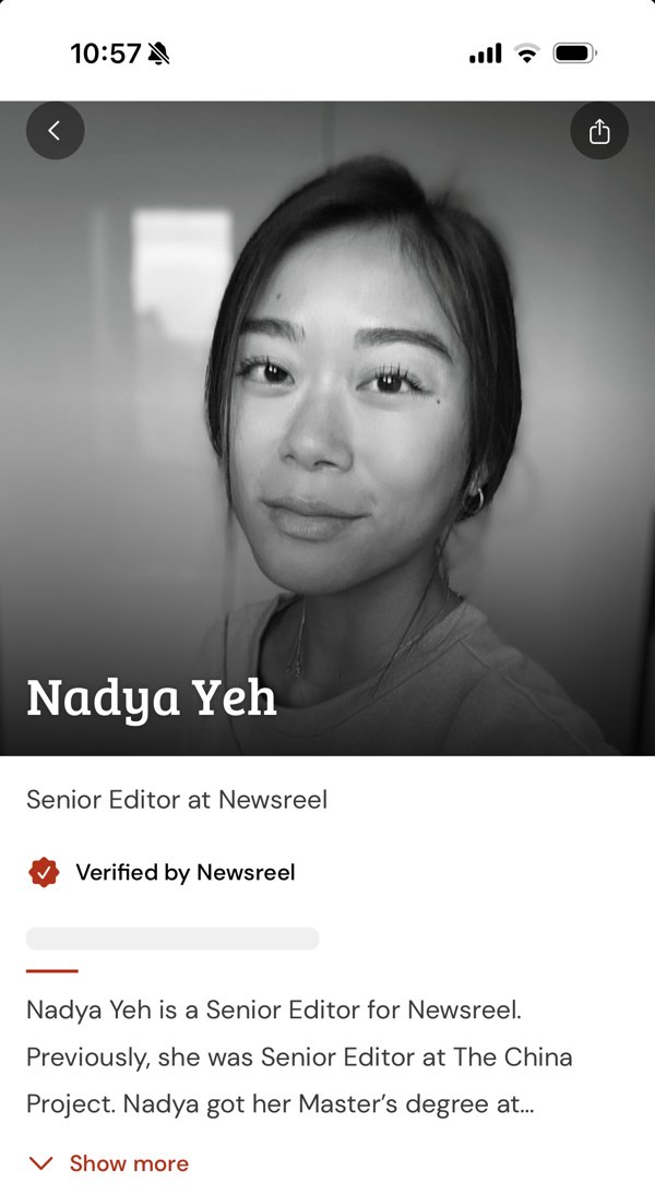Nadya Yeh's Newsreel profile, showing a Verified by Newsreel badge