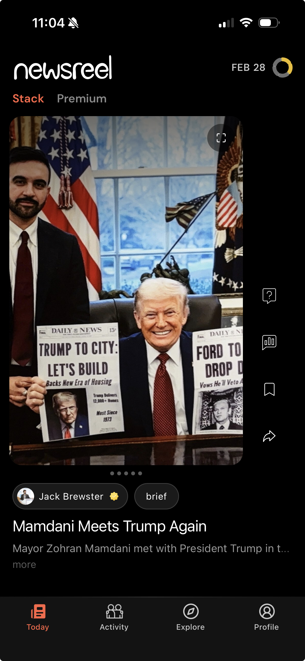 Newsreel app showing daily news stack