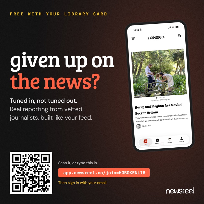 Hoboken's square social post, dark, with the app on a tilted phone, a QR code and the code HOBOKENLIB.