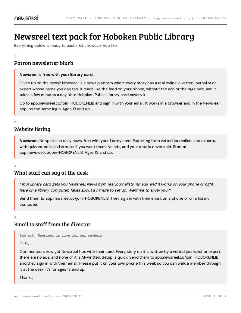 First page of Hoboken's text pack: patron newsletter blurb, website listing, what staff can say at the desk, and an email to staff.