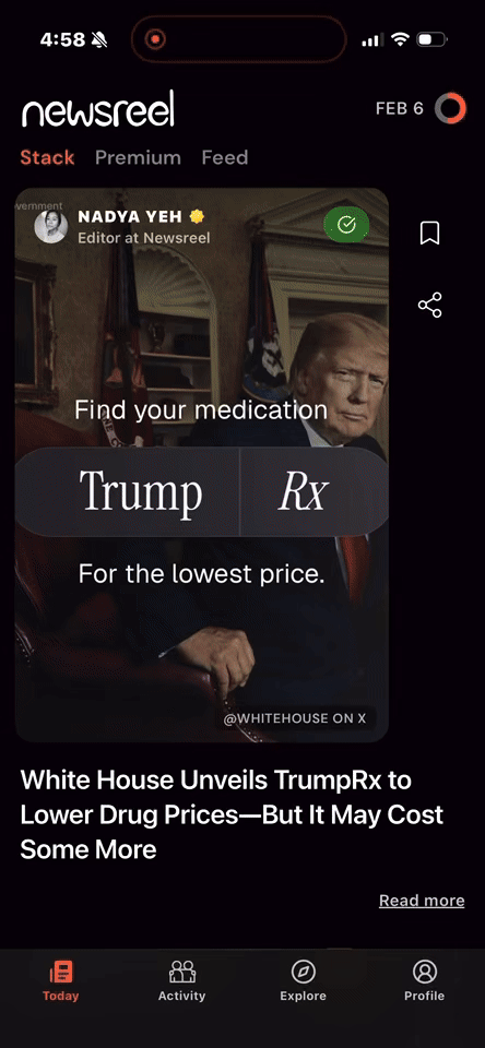 Newsreel app in action — swipe through daily stories, answer quizzes, and vote in polls