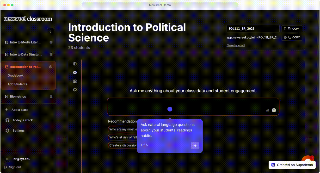 Newsreel Classroom dashboard demo