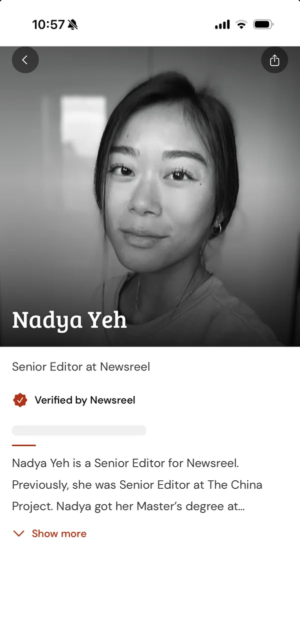 A verified contributor profile in the Newsreel app