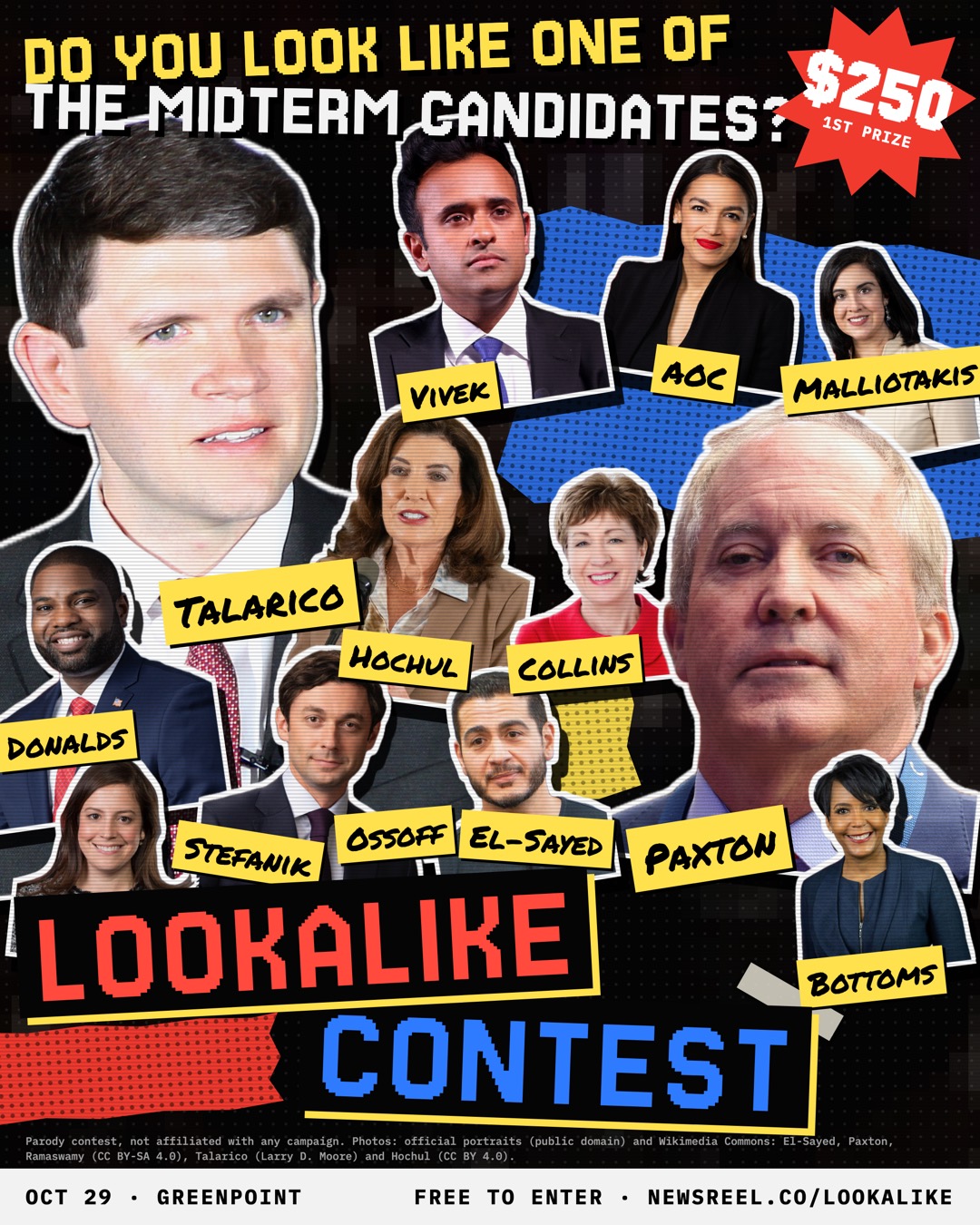 Do you look like one of the Midterm candidates? Lookalike contest, Oct 29, Greenpoint. $250 first prize.